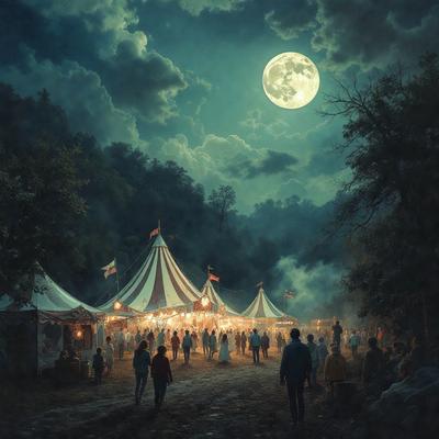 The primary subject of the image is a group of people walking down a dirt road at night. The setting is a forest, with a large tent visible in the background. The visual style is a painting, which creates a moody and atmospheric scene. The dominant colors are shades of blue, black, and white, which contribute to the nighttime ambiance.